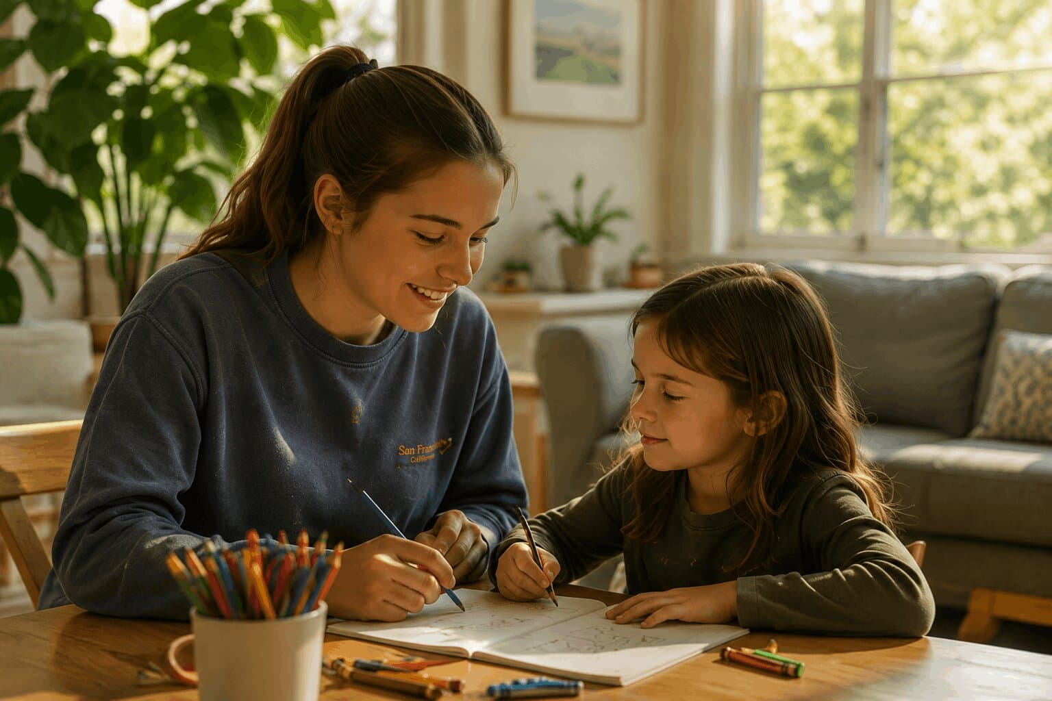 Sitter helping child with drawing